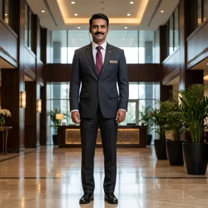 Hotel staff wearing custom uniforms from SR Royals, hotel uniform manufacturer and supplier in India