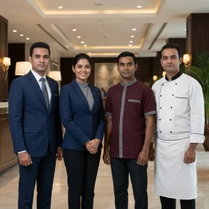 Hotel uniforms for front office, housekeeping, kitchen and restaurant staff by SR Royals hotel uniform manufacturer